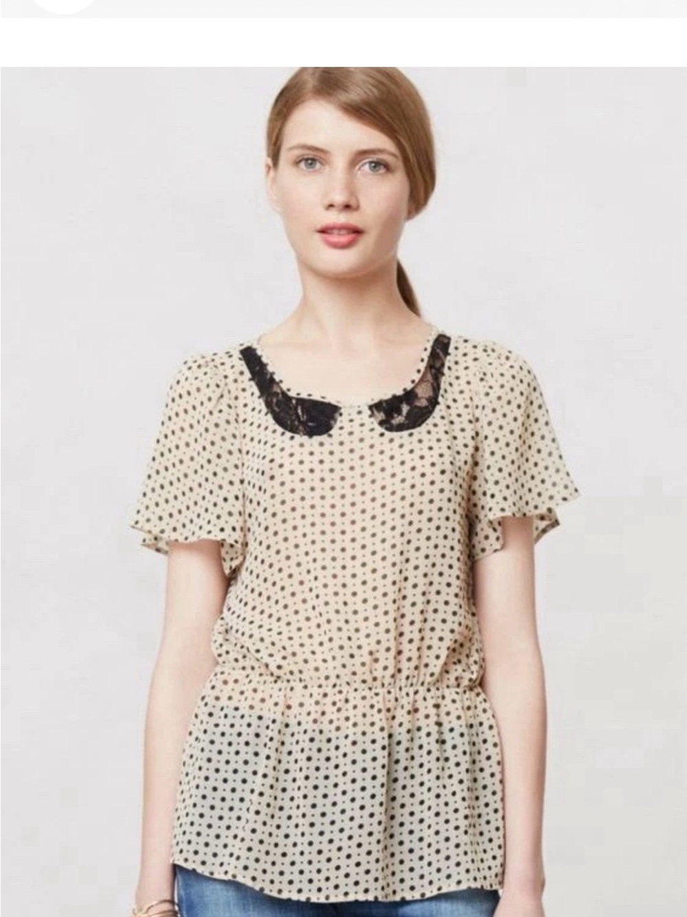 Anthropologie Blouse B VINTAGE Black Polka Dots GRETA Lace Inset Collar Peplum M